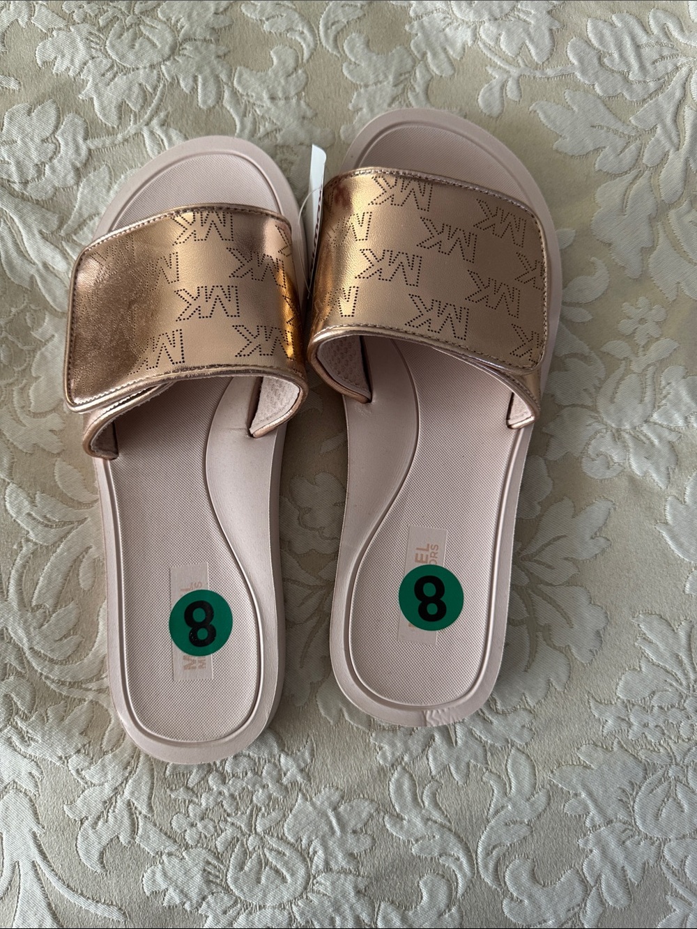Michael Kors Rose Gold Metallic Slide Sandals with Blush Footbed